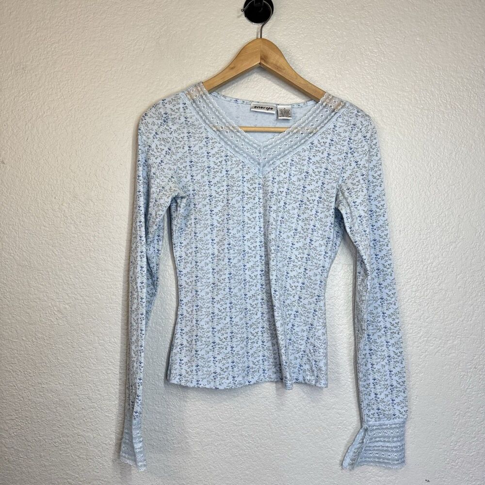 VTG Y2K Energie Knit Top Blue Floral Long Sleeve Lace Slim Whimsy 2000s Women M